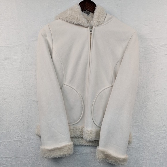 Mudd Jackets & Blazers - VTG Mudd Jacket Womens M Cream Faux Suede Fur Trim Hooded McBling Snow Bunny Y2K
